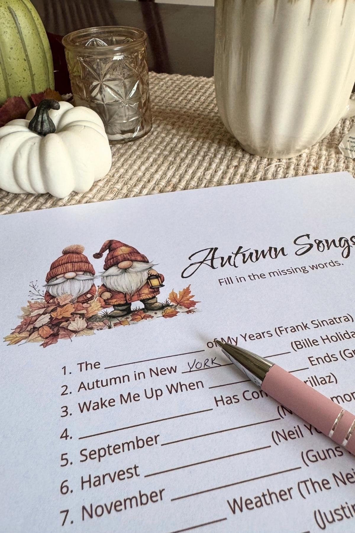 Printable Thanksgiving game, autumn songs. Gnome design