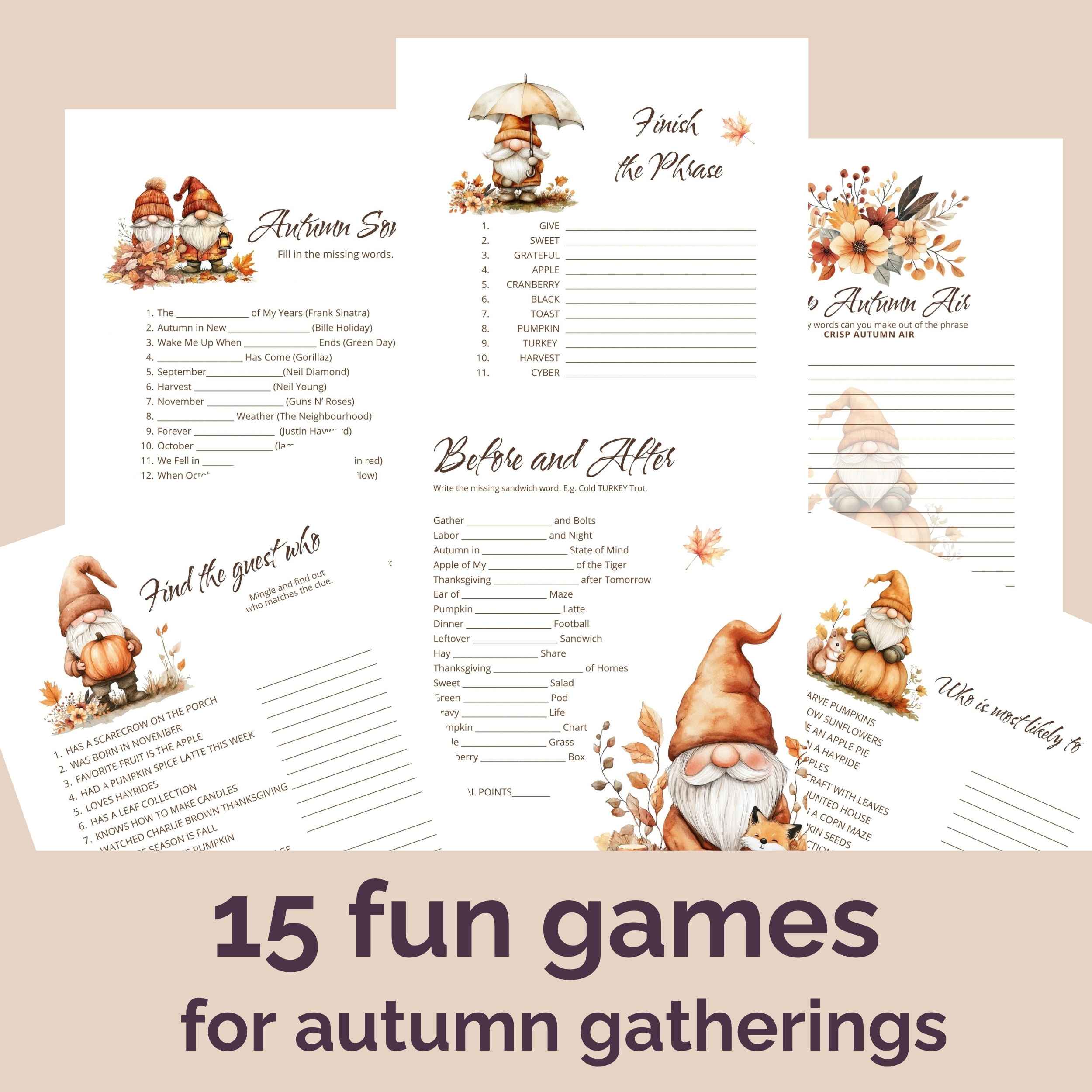 Printable games for autumn gatherings. Gnome design.