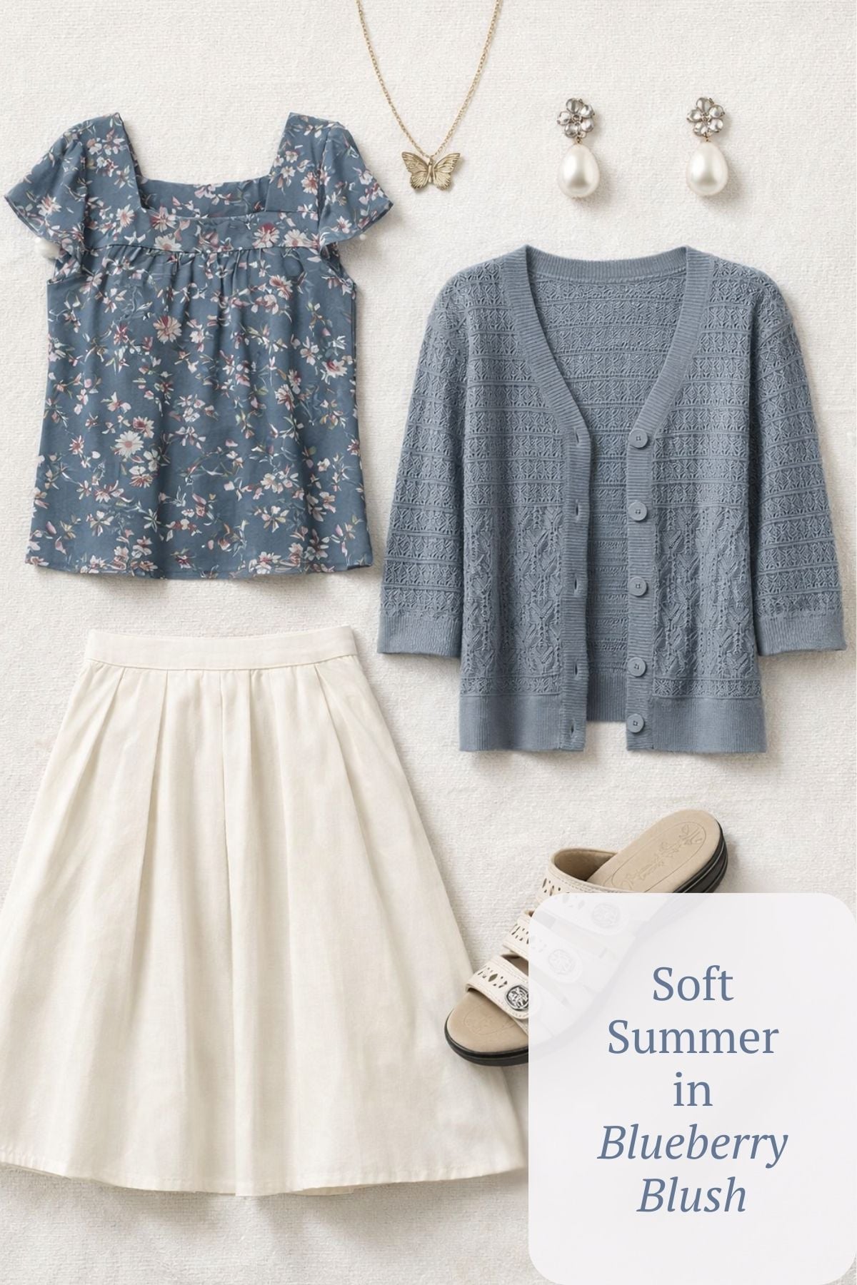 Gray Blue top with blush flowers, ivory skirt, gray blue cardigan, beige sandals, pearl studs, butterfly necklace