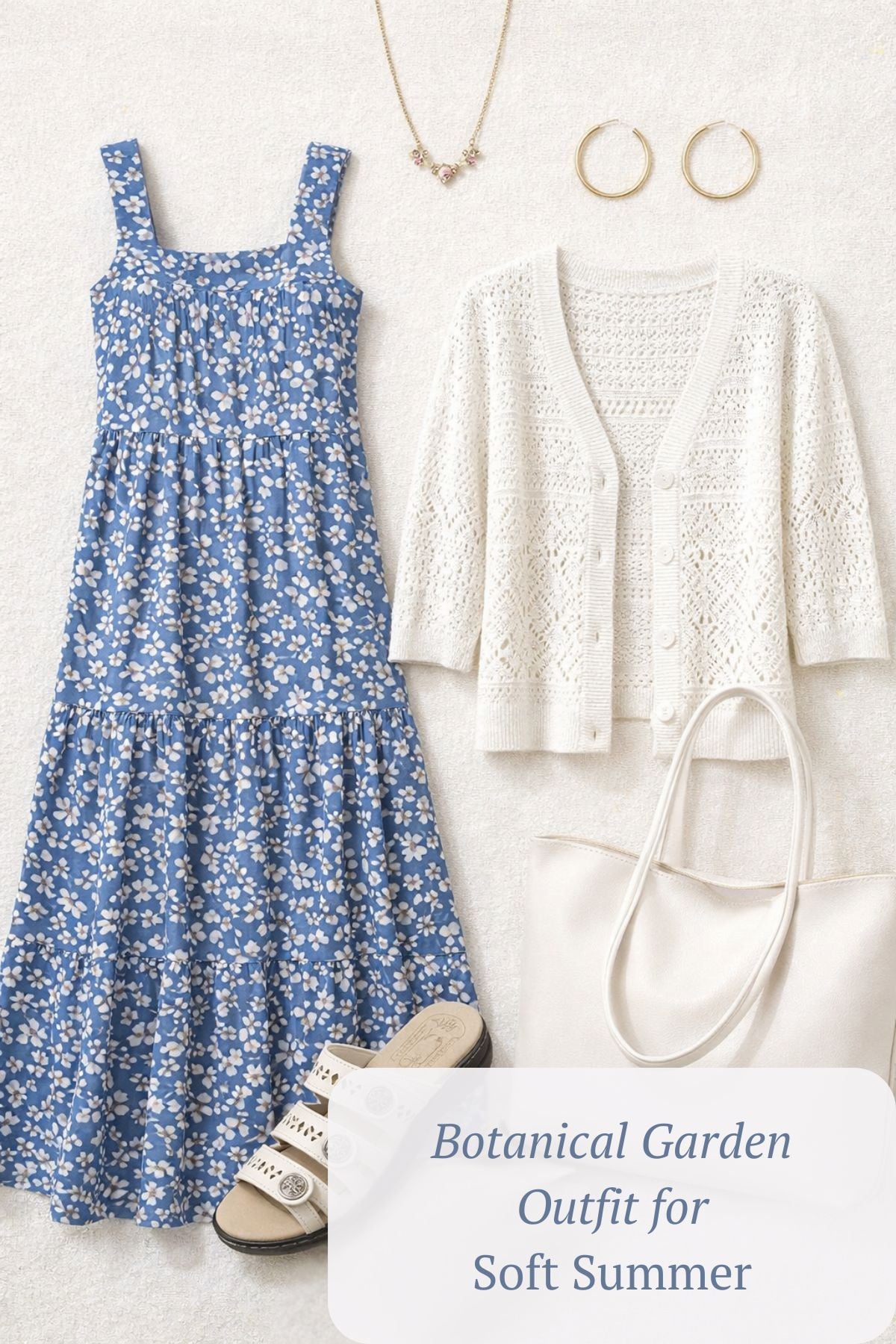 Blue floral maxi dress, crocheted cardigan, beige sandals, and white tote