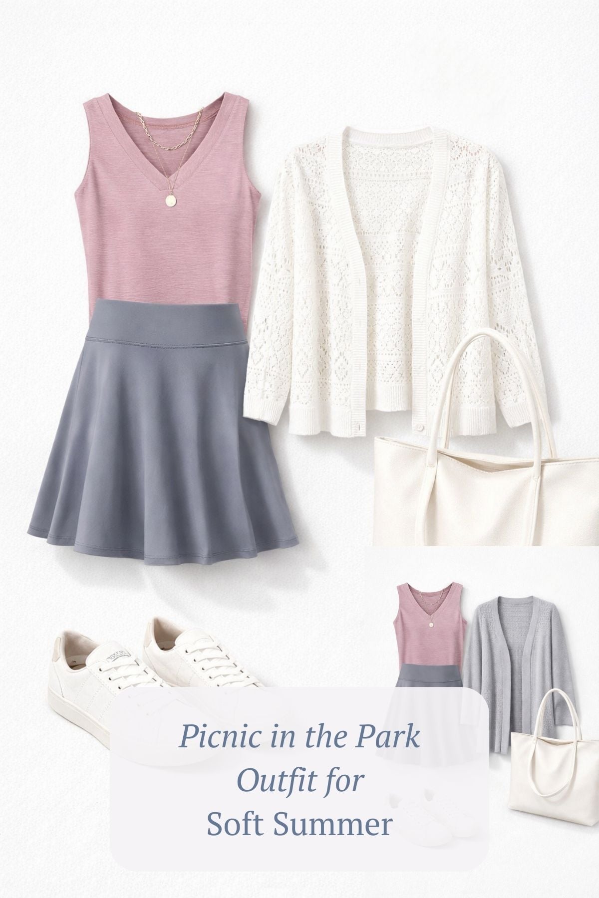 Sunday Brunch in the park outfit in Soft Summer Palette: blush pink top, gray-blue skort, white crocheted cardigan, white sneakers, silver hoop earring.