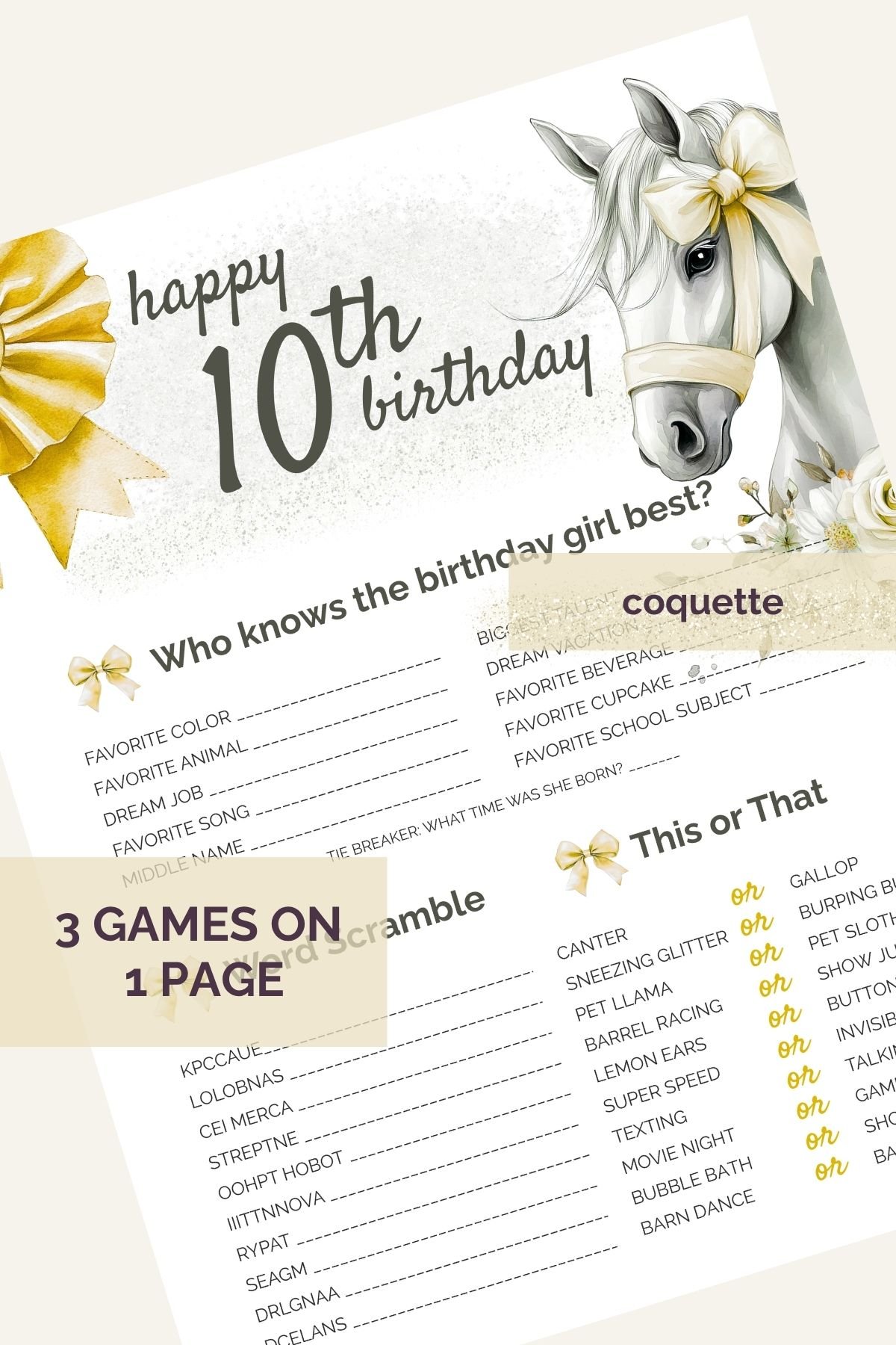 10th birthday party games. Coquette horse design. Three games on one page: who knows the birthday girl best, word scramble, this or that.