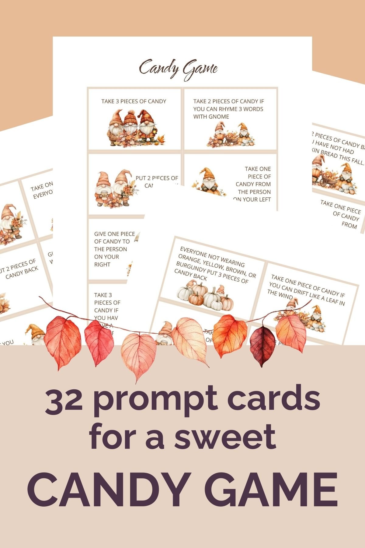 32 prompt cards for a sweet candy game. Autumn gnome designs.
