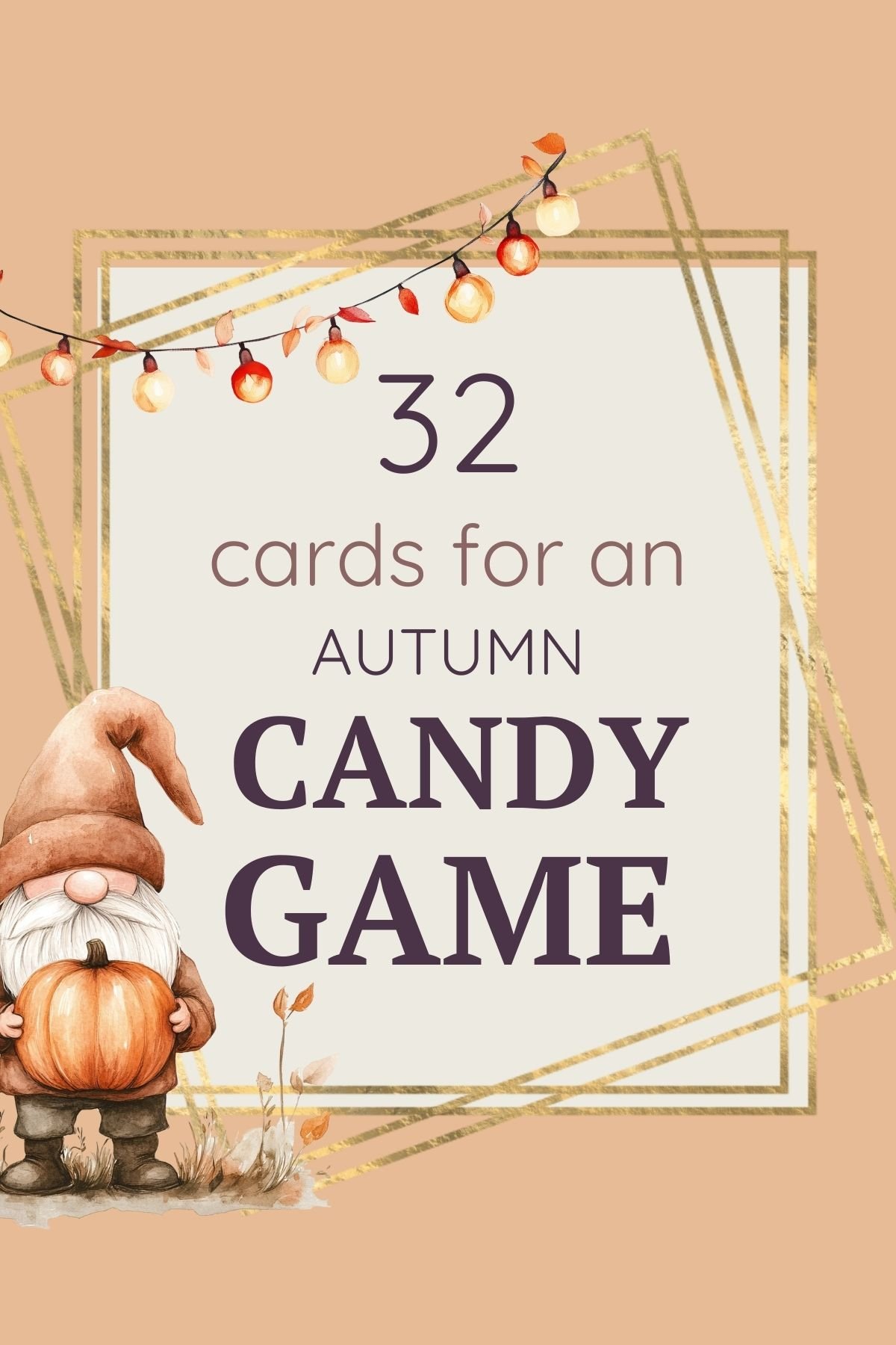 32 prompt cards for an autumn candy game with gnome illustrations