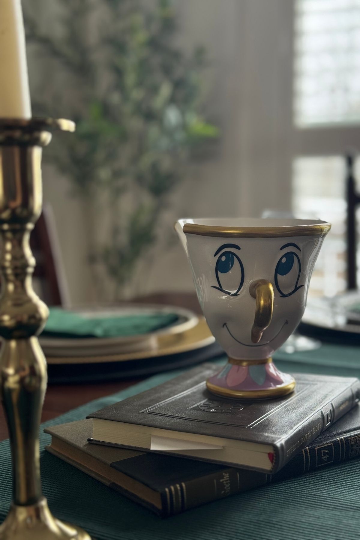 Chip mug on top of books