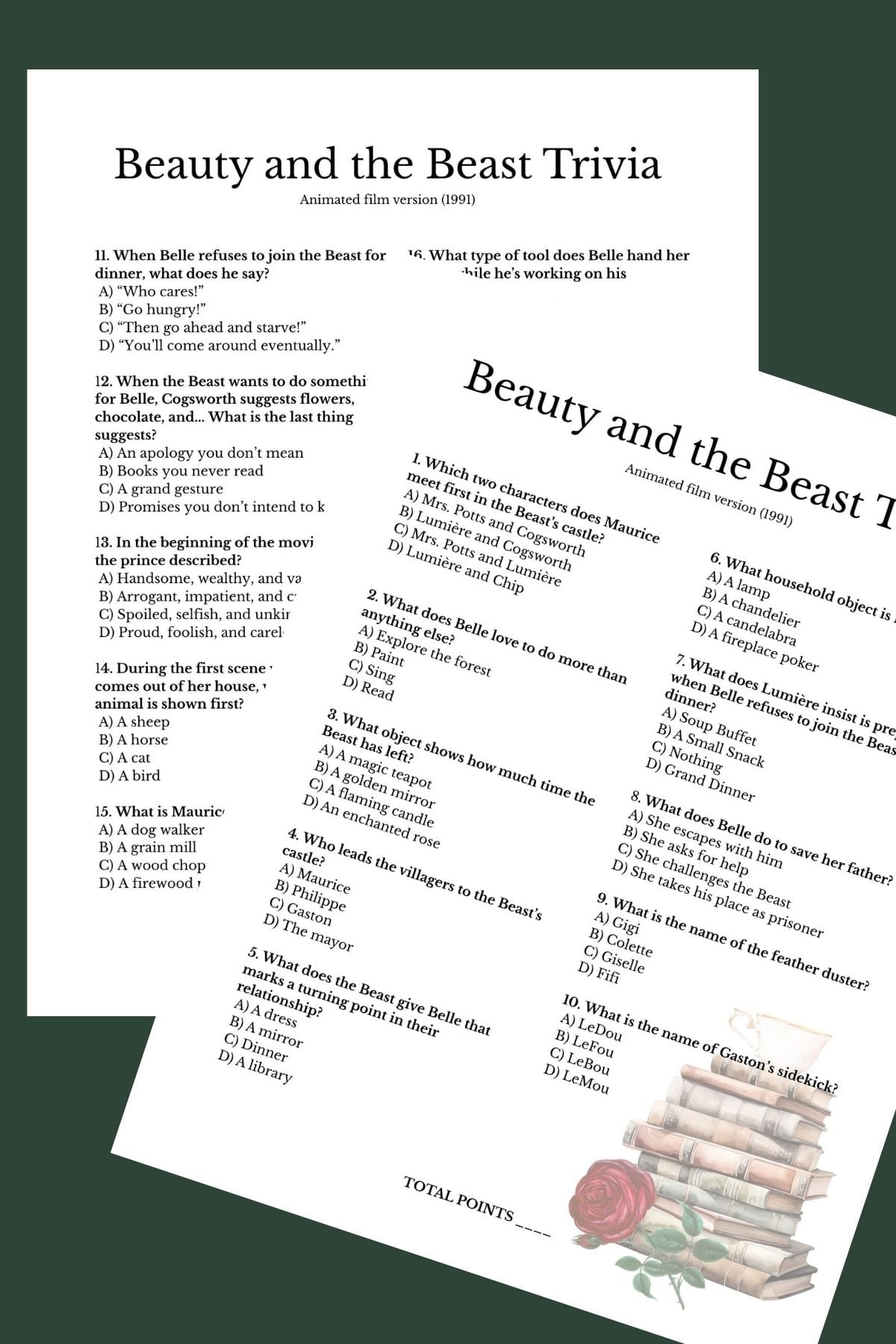 Free printable Beauty and the Beast quiz 20 multiple choice questions