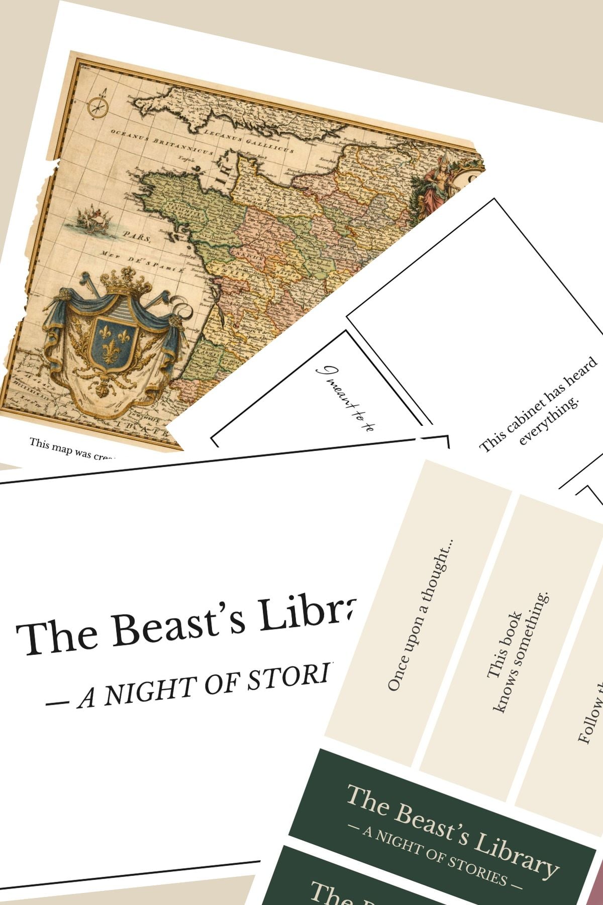 Free Printables for the Beast's Library Party: a map, a theme sign, bookmarks