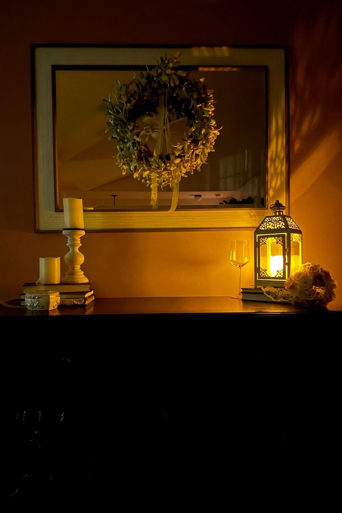 Moonlight Serenade themed styling for the sideboard: lantern on books