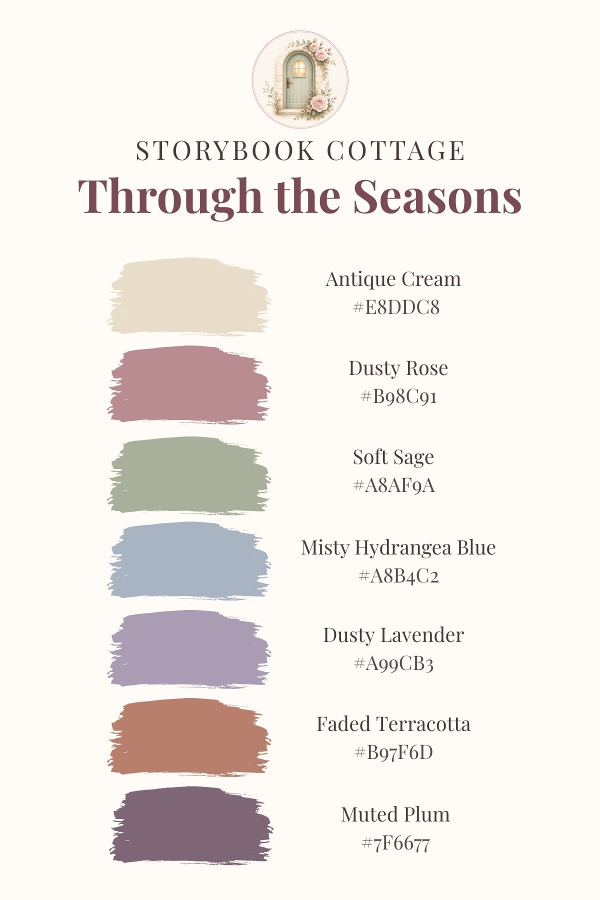 Storybook Cottage color palette, soft colors through the seasons.