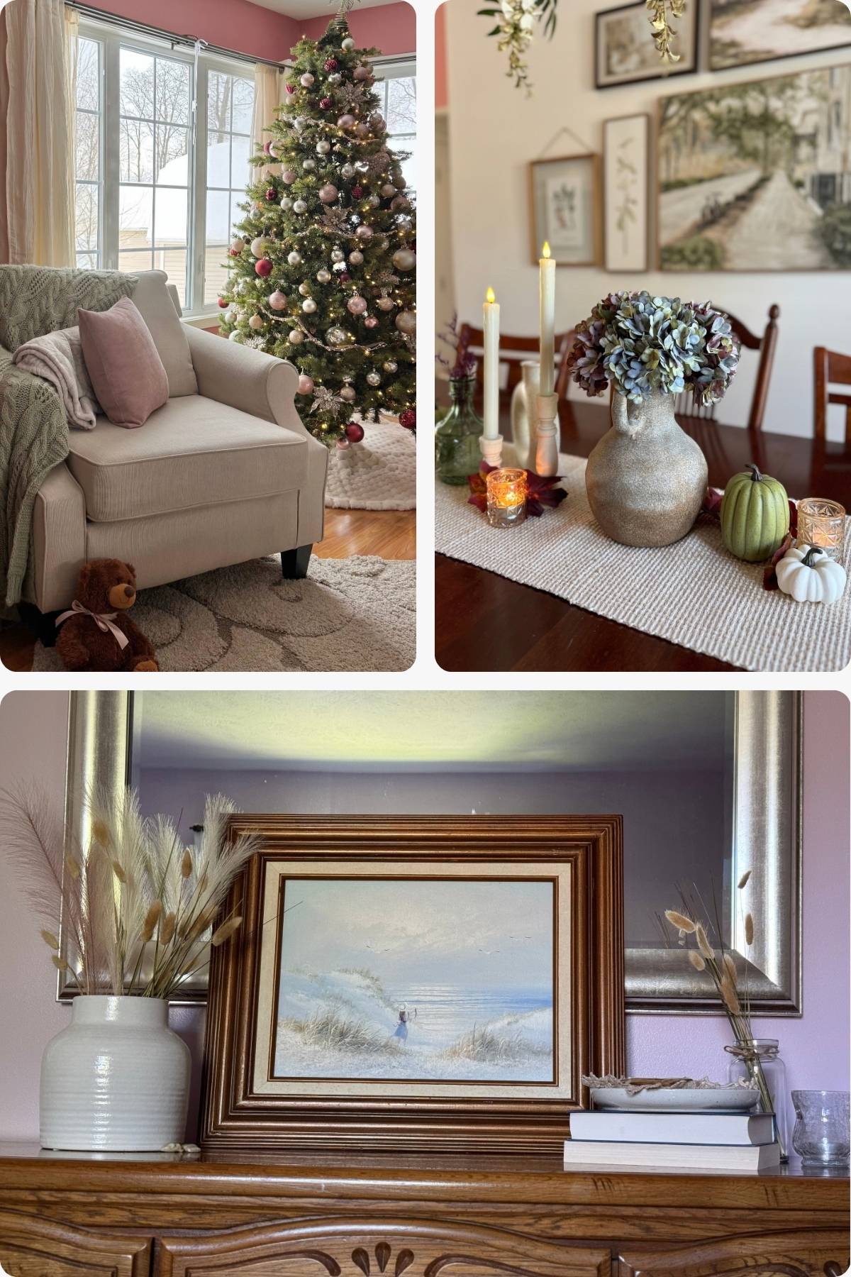 Christmas living room, autumn dining table decor, summer bedroom dresser