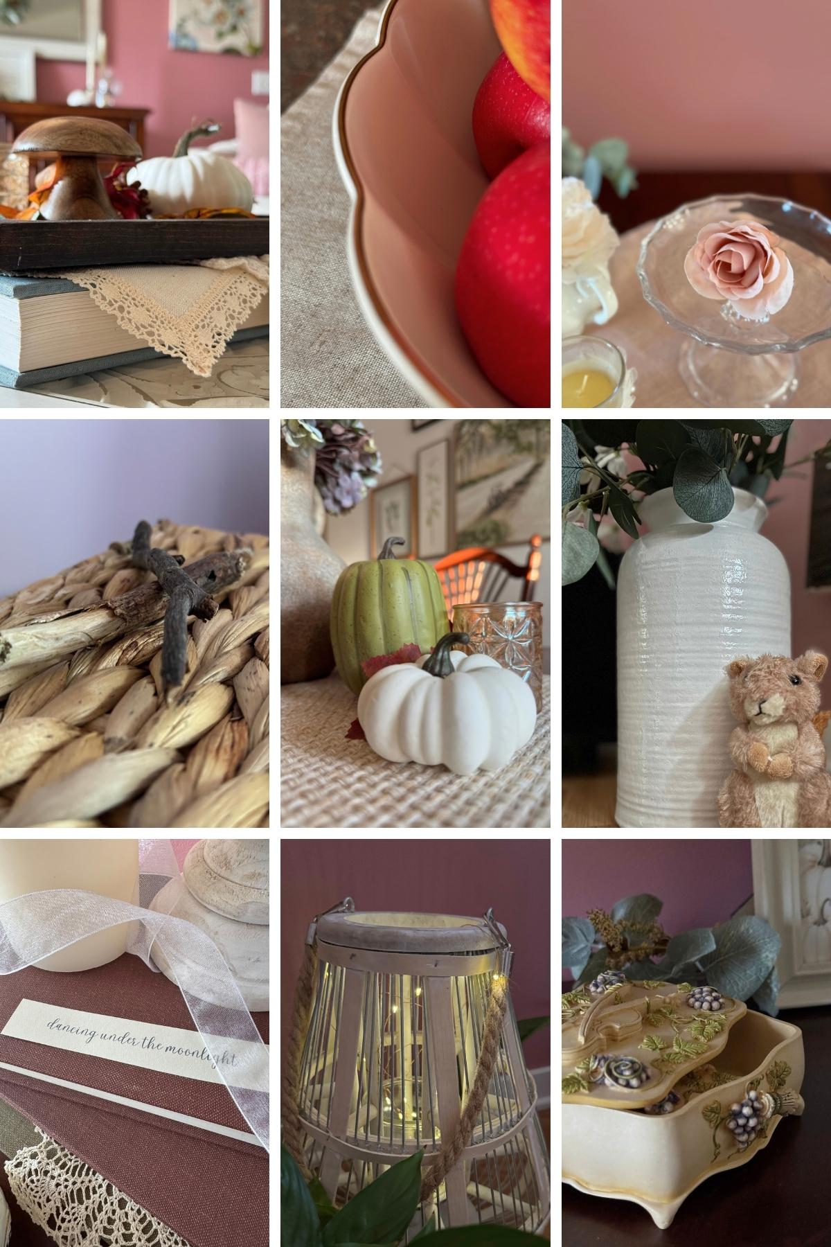 Storybook Cottage Home Decor Details showing scalloped edges, natural materials, and aged details.