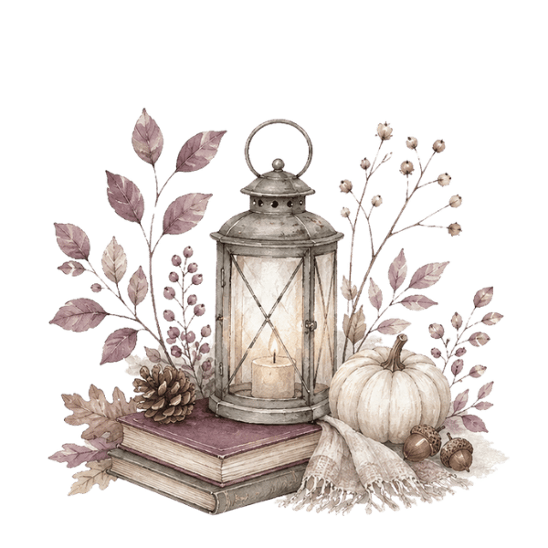 Lantern and autumn leaves. Autumn decor at the Storybook Cottage