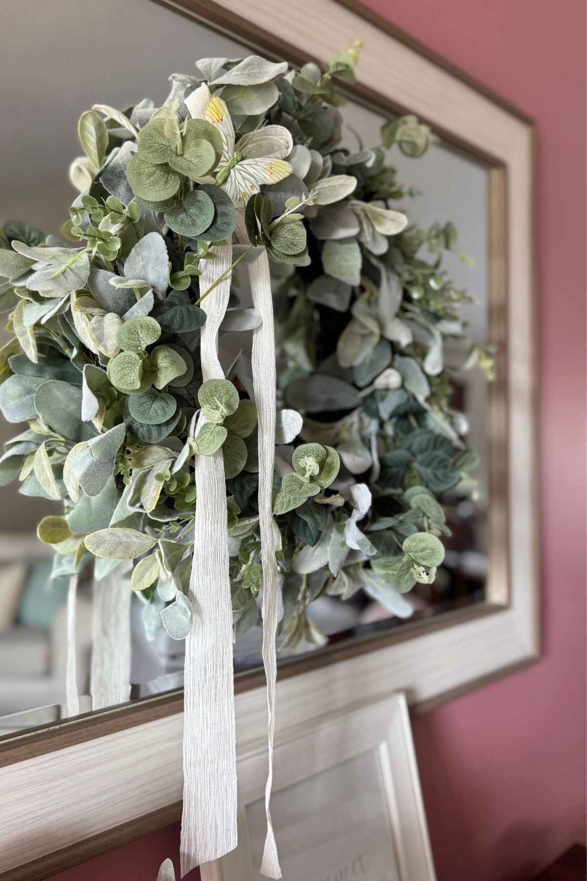 lambs ear and eucalyptus wreath for living room Lamb's Ear and Eucalyptus wreath on a mirror