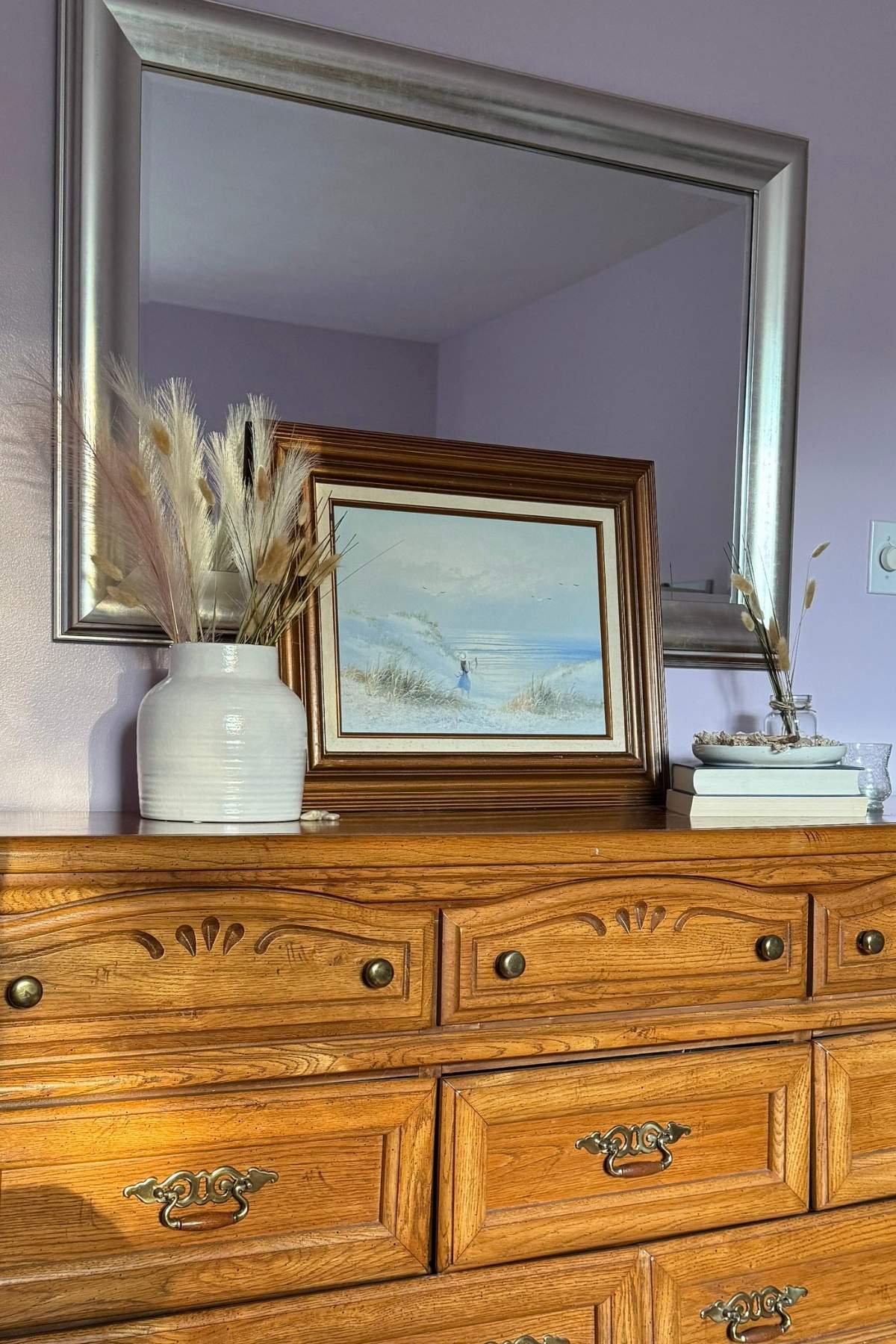 Styling an oak dresser for summer with ivory and blue