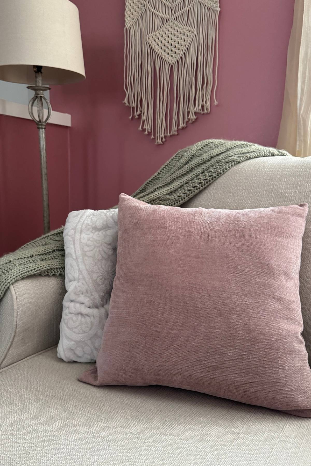 Sage, cream, mauve pillow color palette for a small living room