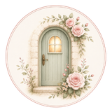Storybook Cottage Logo: A rounded sage door with roses around it.
