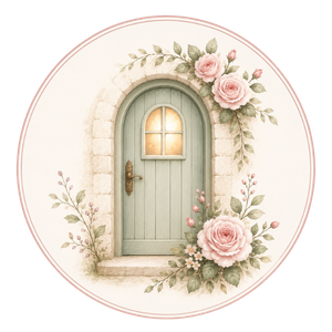 storybook cottage logo Storybook Cottage Logo: A rounded sage door with roses around it.