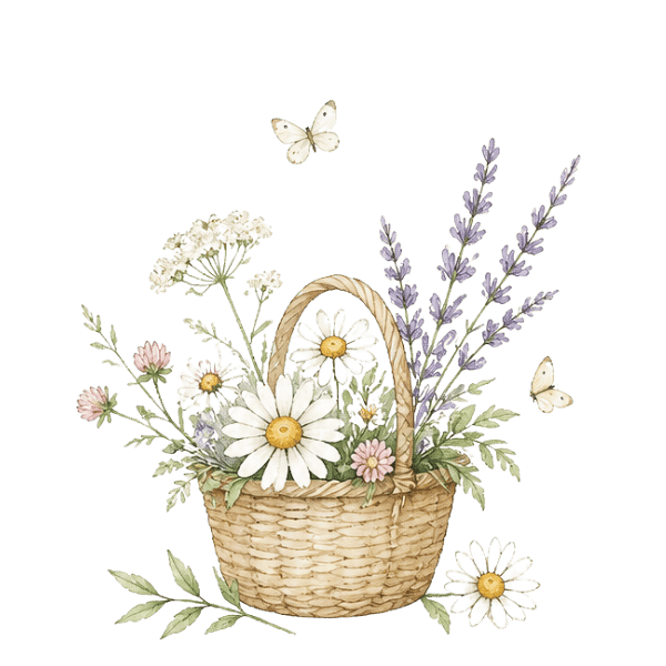 Seasonal Summer Decor Icon at the Storybook Cottage: a basket filled with flowers.