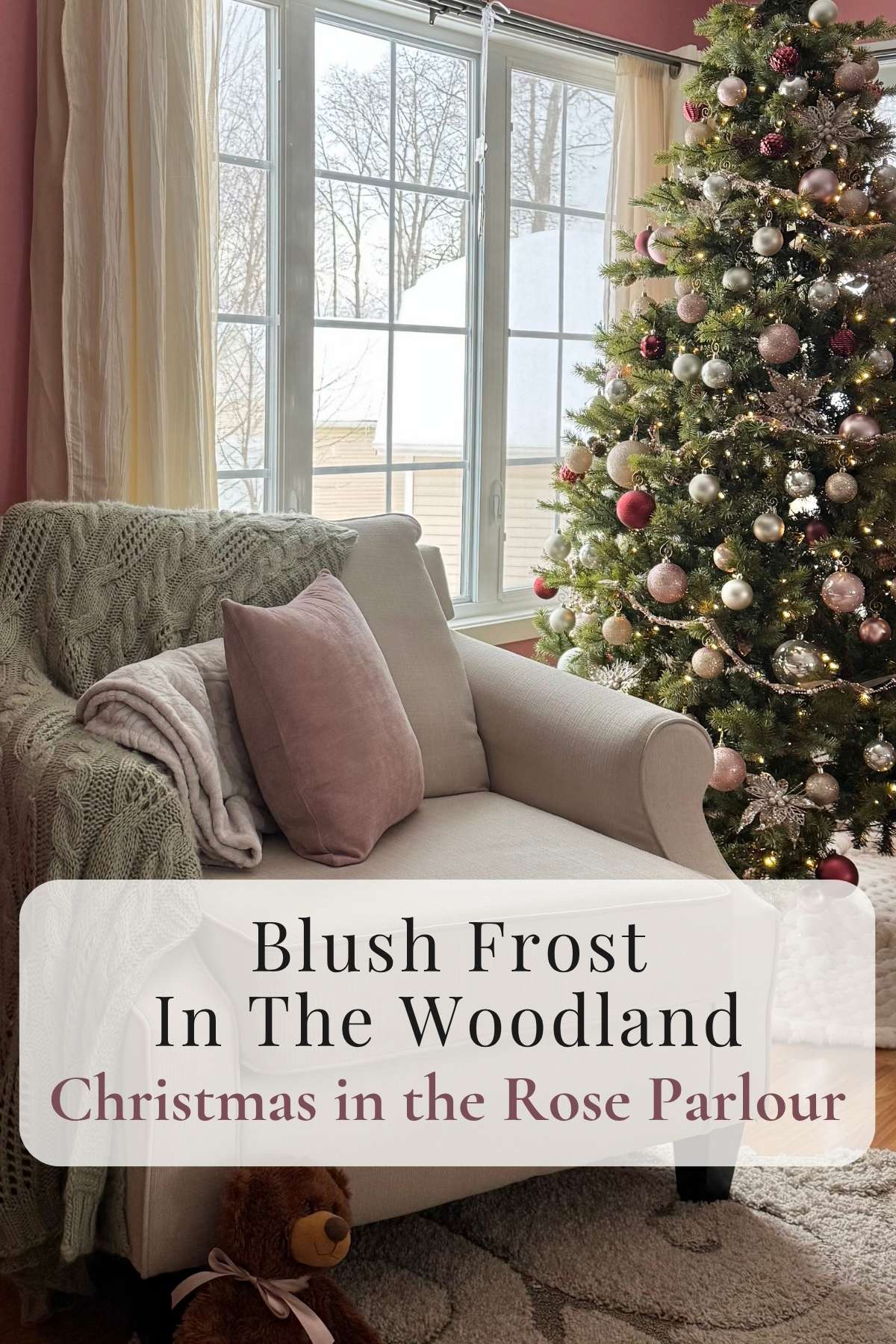 Storybook Cottage Rose Parlour decorated with blush, champagne, and sage for Christmas