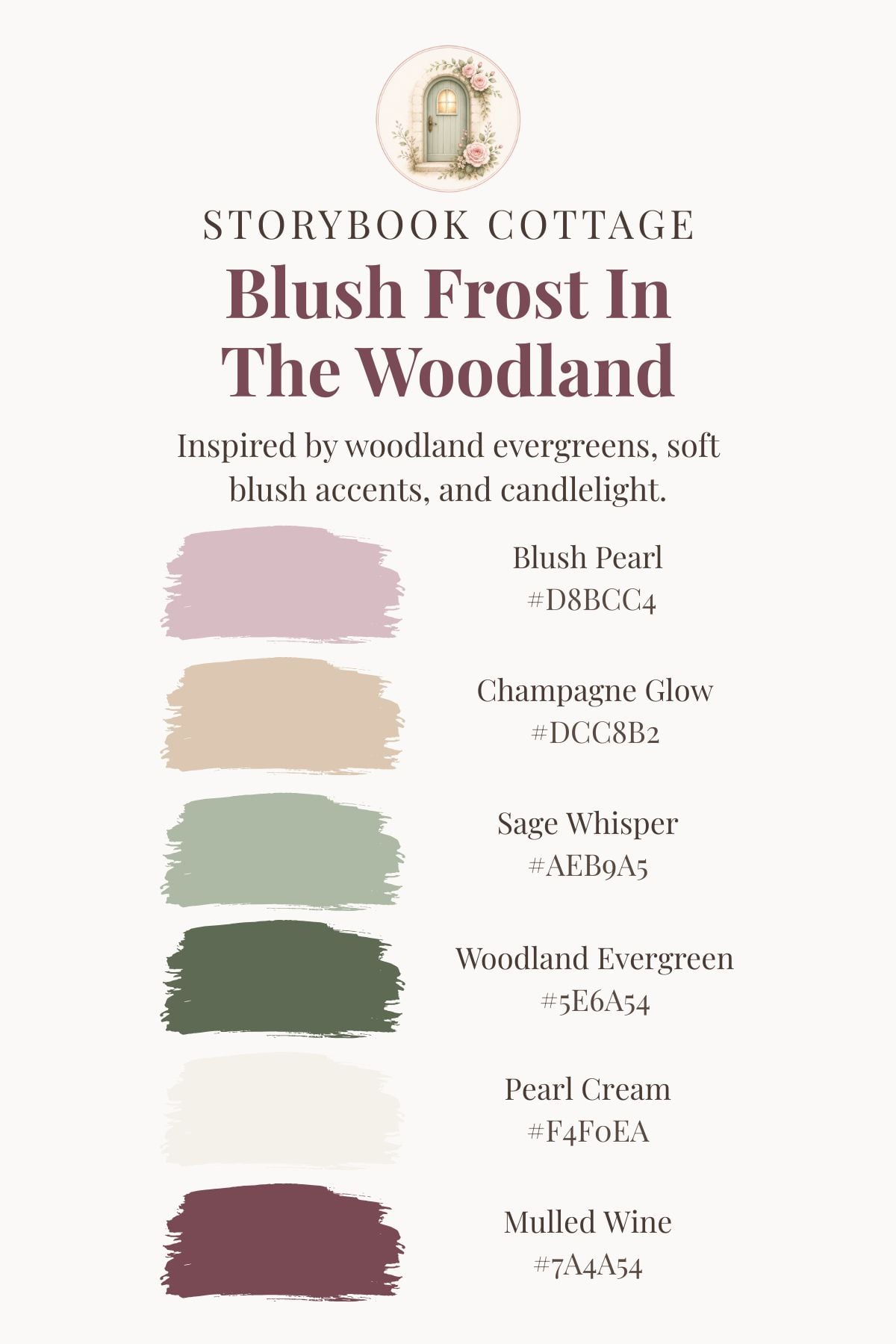 blush frost in the woodland Christmas color palette (1) Christmas color palette: blush, champagne, and sage combined with evergreen, cream, and mulled wine. Blush Frost In The Woodland