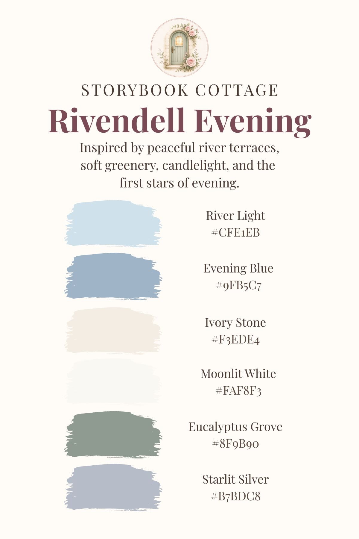 rivendell inspired color palette(1) Rivendell-inspired color palette with soft river blue, evening blue, ivory, moonlit white, eucalyptus green, and starlit silver.