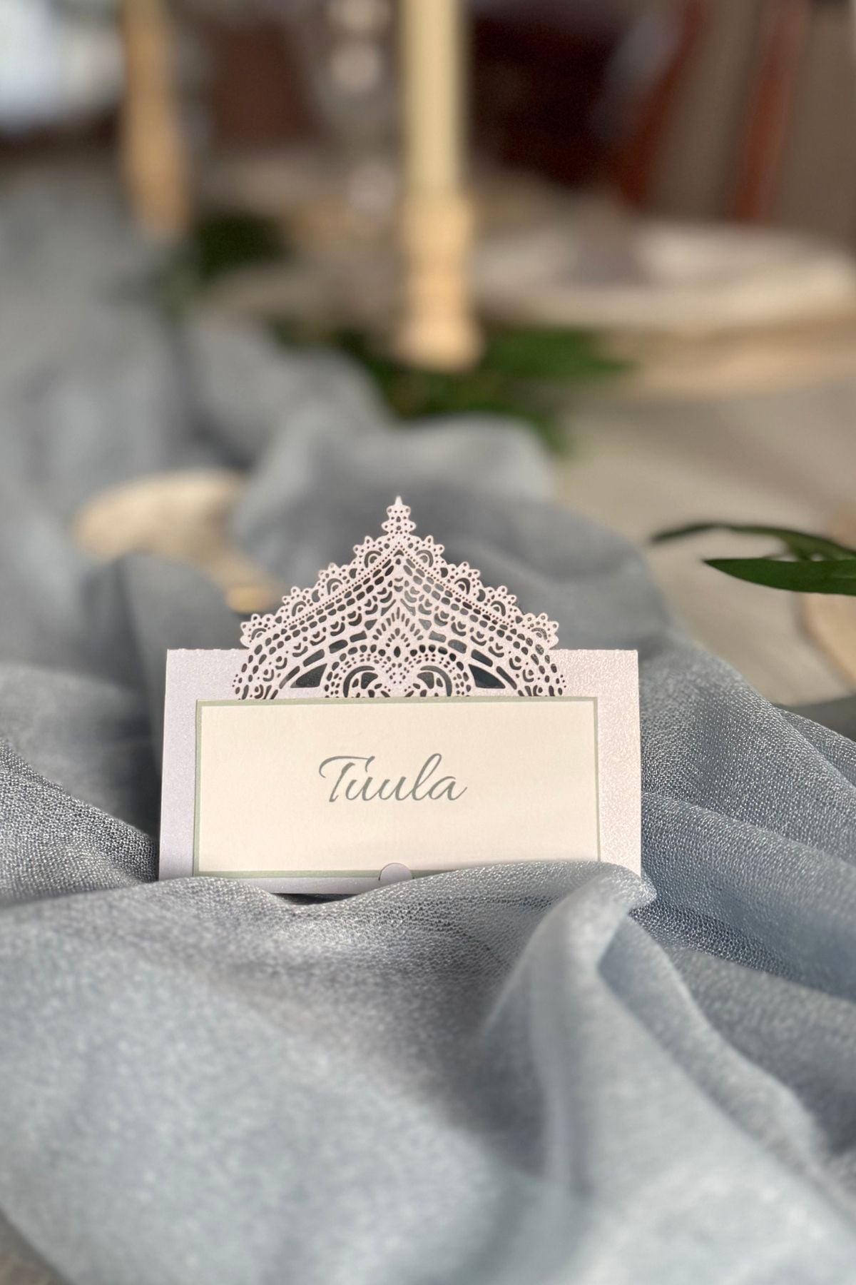 silvery white place cards with a laser cut filigree Silvery white place card holder with a laser cut filigree. A soft white place card with a sage trim.