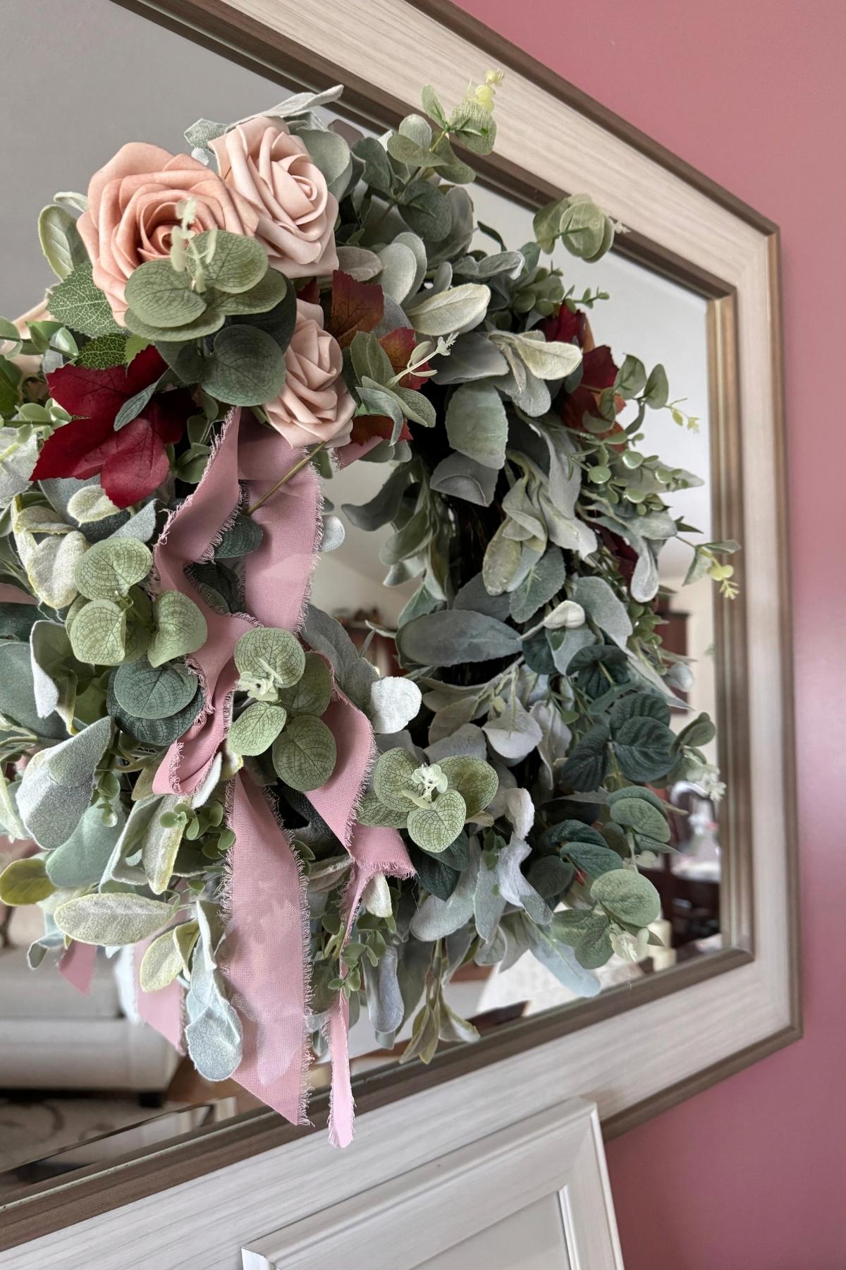 autumn wreath with blush pink ribbon (1) Autumn wreath with blush pink flowers and ribbon
