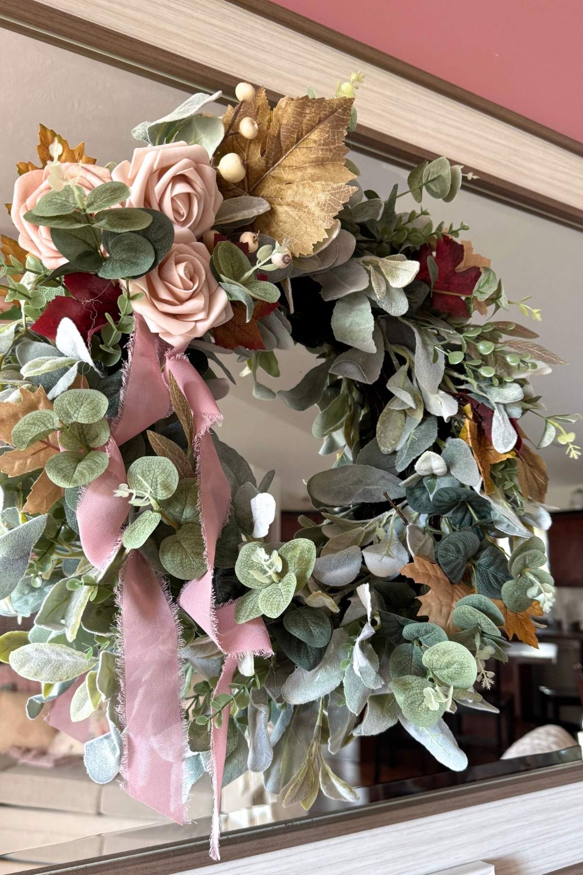 autumn wreath with blush pink ribbon (2) Autumn wreath with blush pink flowers and ribbon