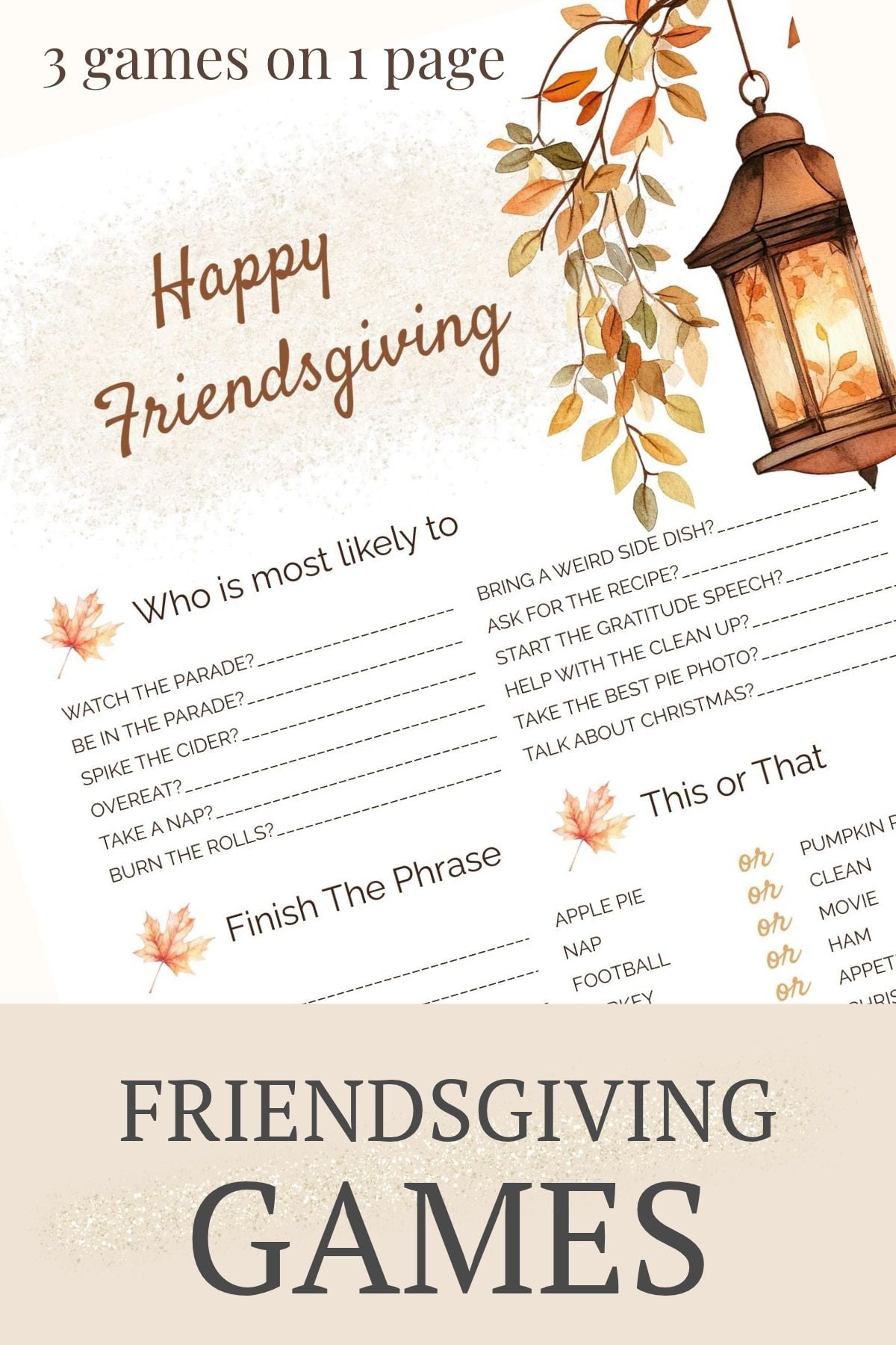Printable Friendsgiving games with three games on one page. An autumn lantern design.
